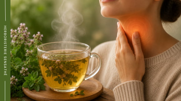 Tisane d'origan chaude pour apaiser la gorge en cas d'angine ou de laryngite - Herboristerie Sensathé Tisane d'origan chaude pour apaiser la gorge en cas d'angine ou de laryngite - Herboristerie Sensathé